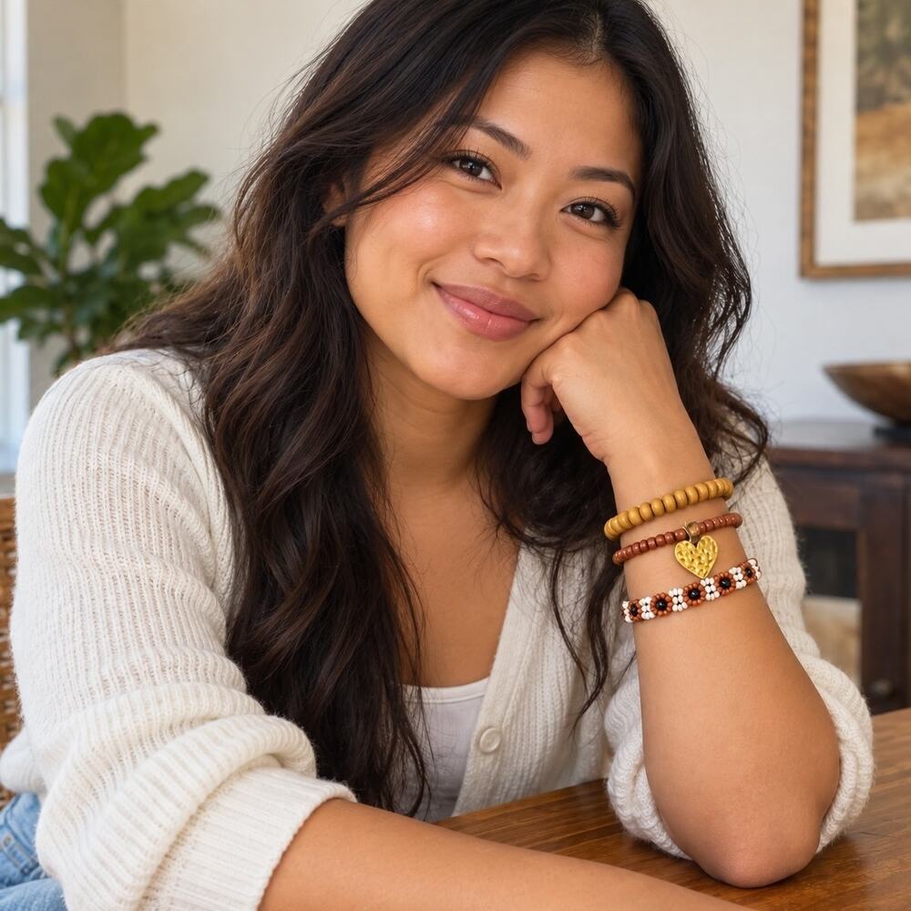 Three Beaded Bracelets with Gold-Colored Heart Charm